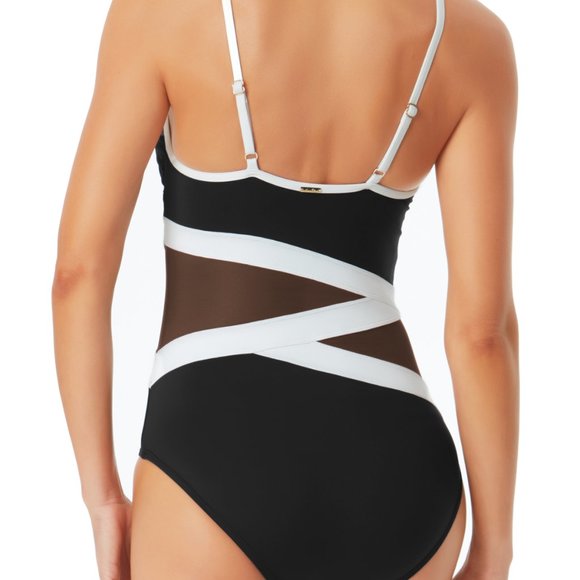 NWT Anne Cole Colorblock Mesh One piece Swimsuit Black White 14 16 - Picture 4 of 4